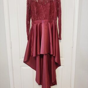 Spliced Burgundy Lace Satin High-Low Dress Long Sleeve Size Medium